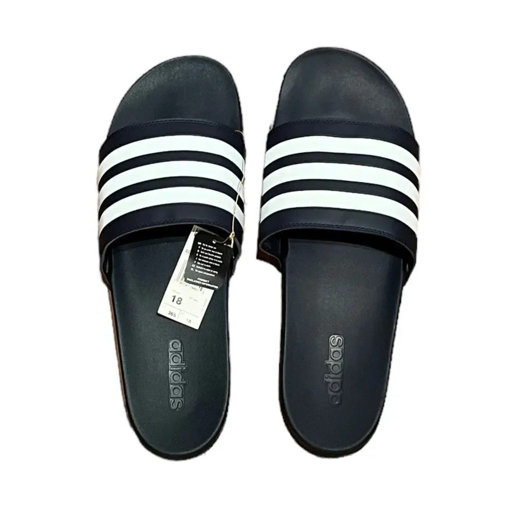 Adidas‎ Adilette Comfort Men’s Navy And White Stripe Slides, Size 18, NWT
